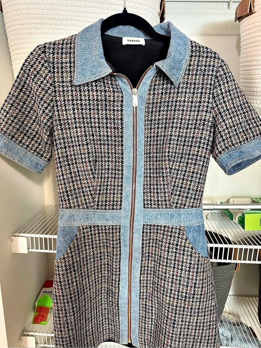 Sandro Short Tweed and Denim Houndstooth Mini Dress